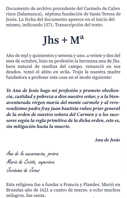 Escrito Madre Ana de Jesús, carmelita descalza y priora en Salamanca.